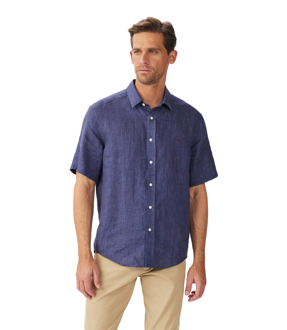 R.M.Williams Mens Newman Linen S/S Shirt (SHU10LI01) Navy
