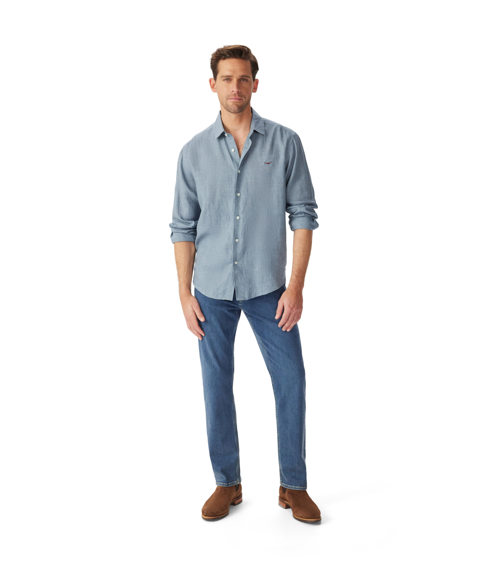 R.M.Williams Mens Newman Classic L/S Linen Shirt (SHU00LI01) Steel Blue