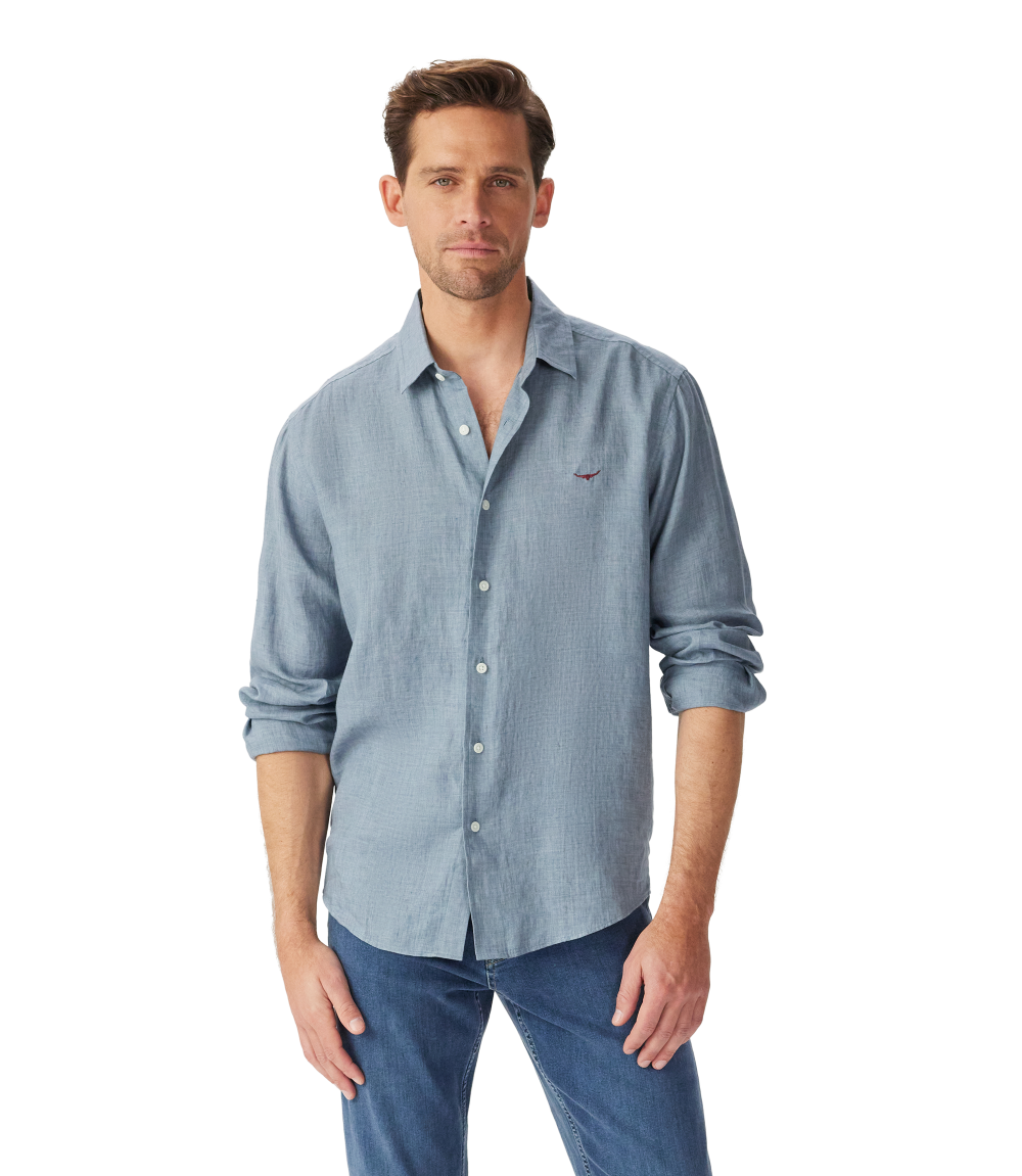 R.M.Williams Mens Newman Classic L/S Linen Shirt (SHU00LI01) Steel Blue