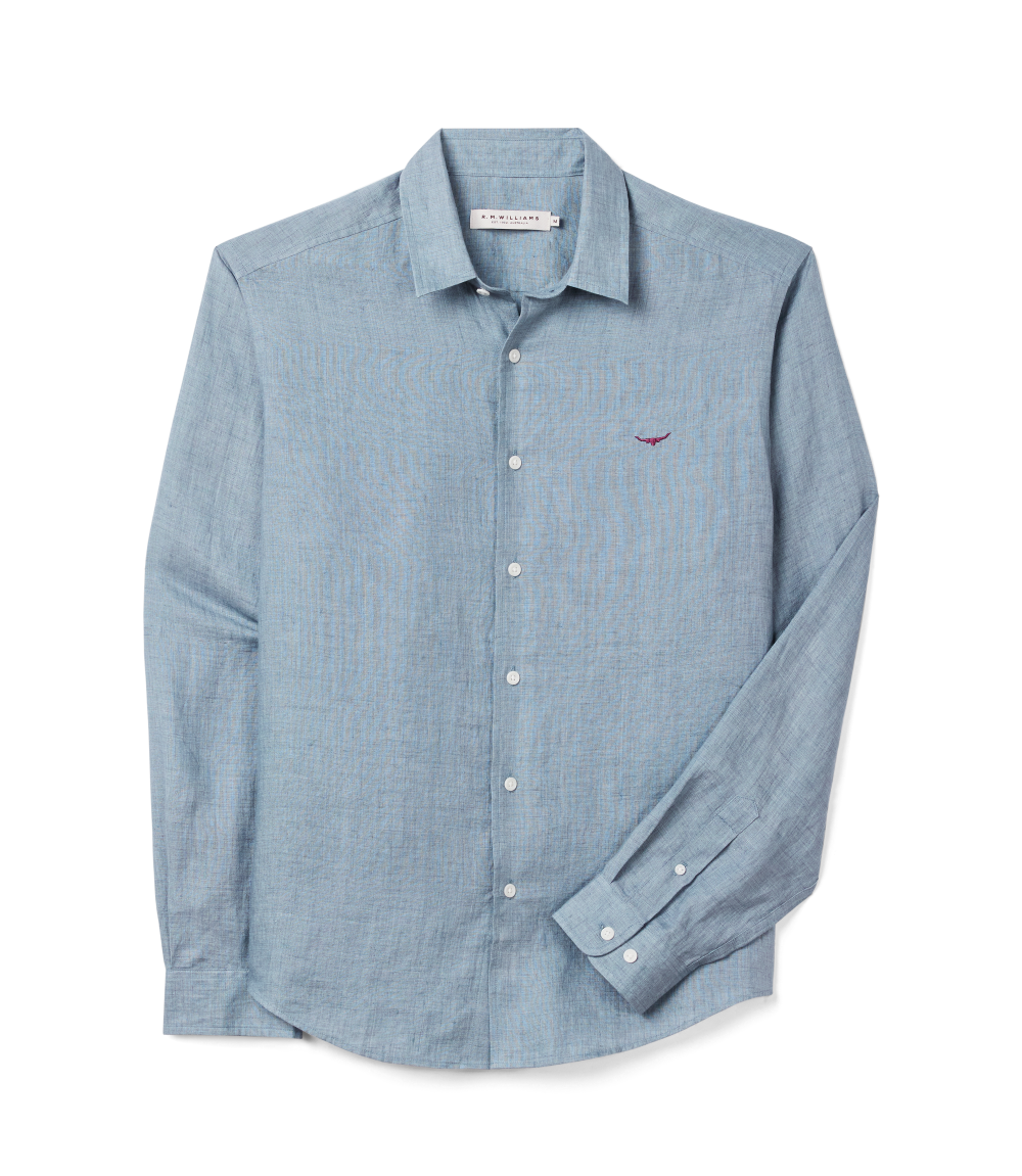 R.M.Williams Mens Newman Classic L/S Linen Shirt (SHU00LI01) Steel Blue