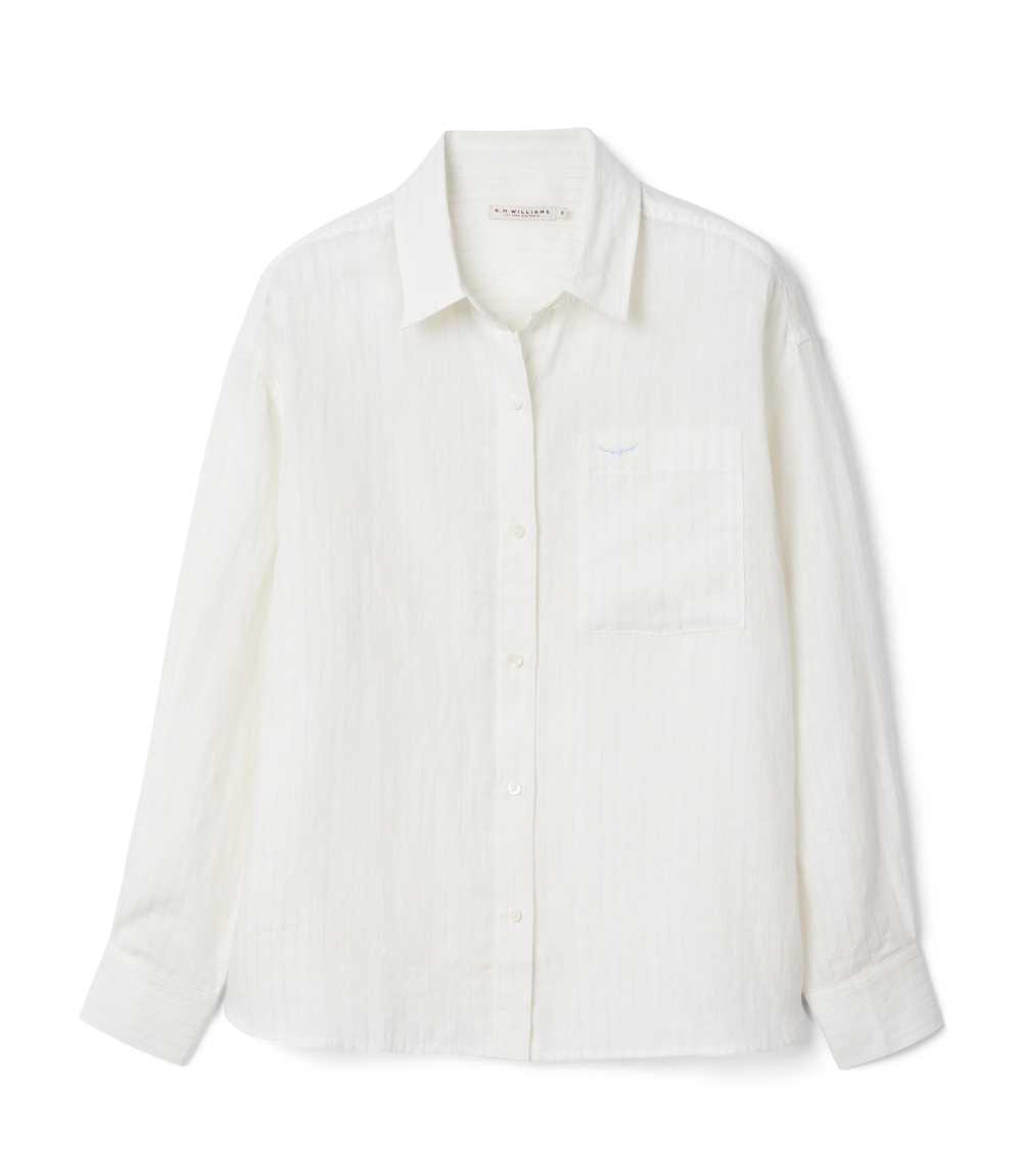R.M.Williams Womens Hopeland Stripe L/S Linen Shirt (SHX01LN01) White Blue
