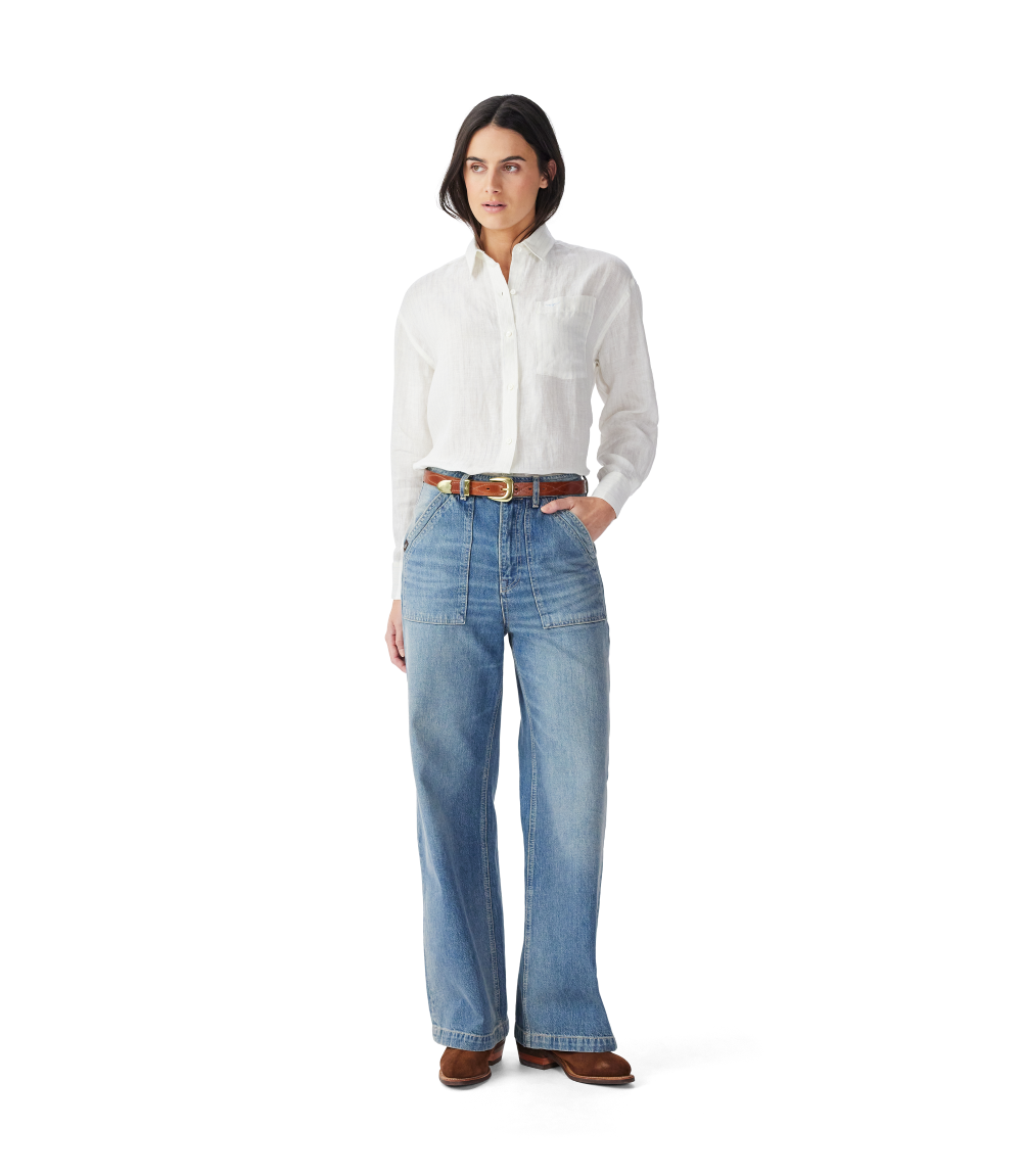 R.M.Williams Womens Hopeland Stripe L/S Linen Shirt (SHX01LN01) White Blue