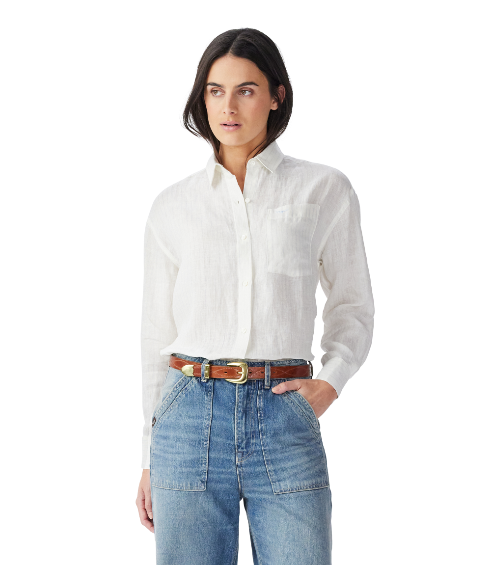 R.M.Williams Womens Hopeland Stripe L/S Linen Shirt (SHX01LN01) White Blue