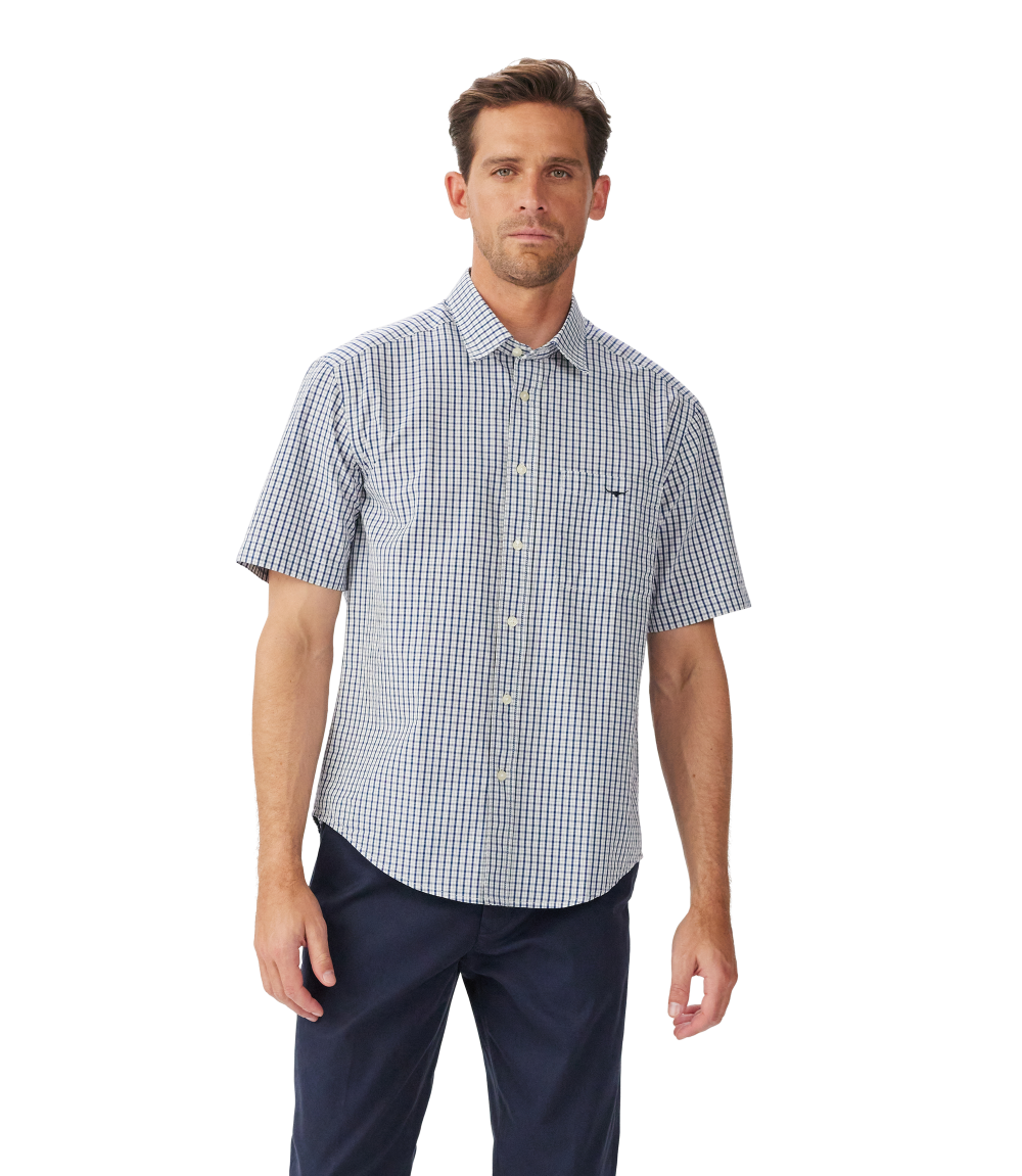 R.M.Williams Mens Augusta Poplin S/S Shirt (SHU11PS01) White Blue