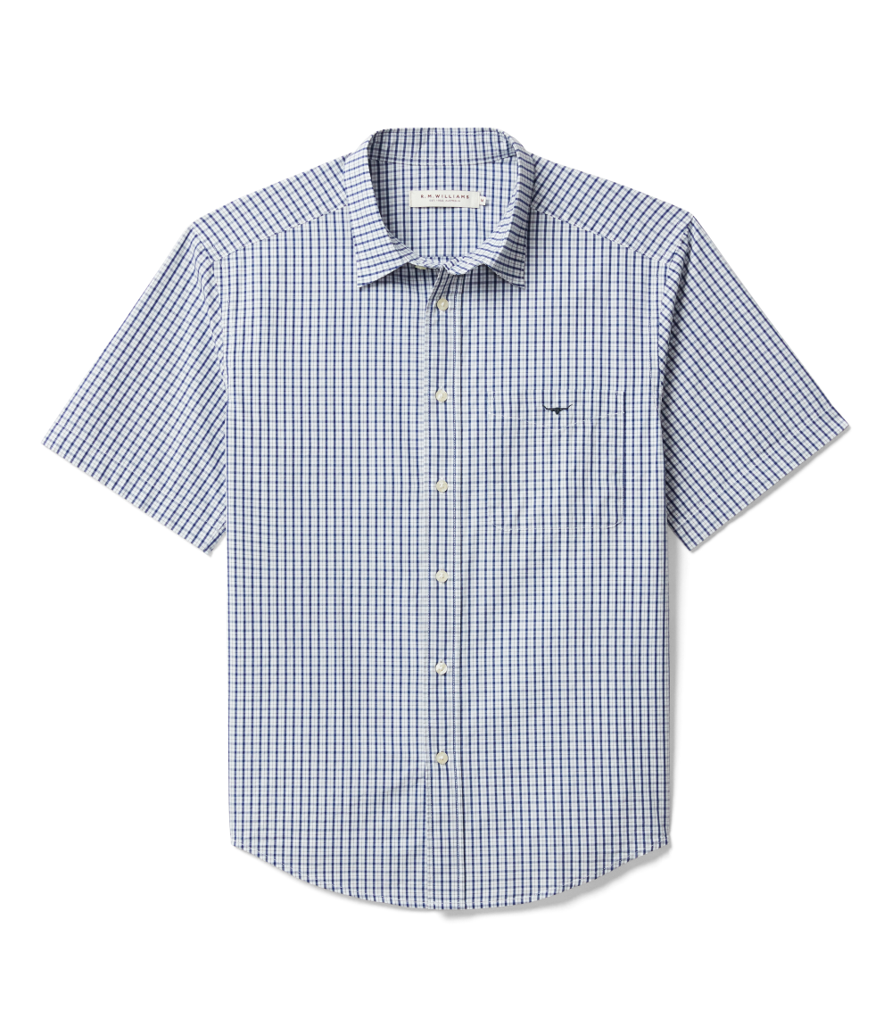 R.M.Williams Mens Augusta Poplin S/S Shirt (SHU11PS01) White Blue