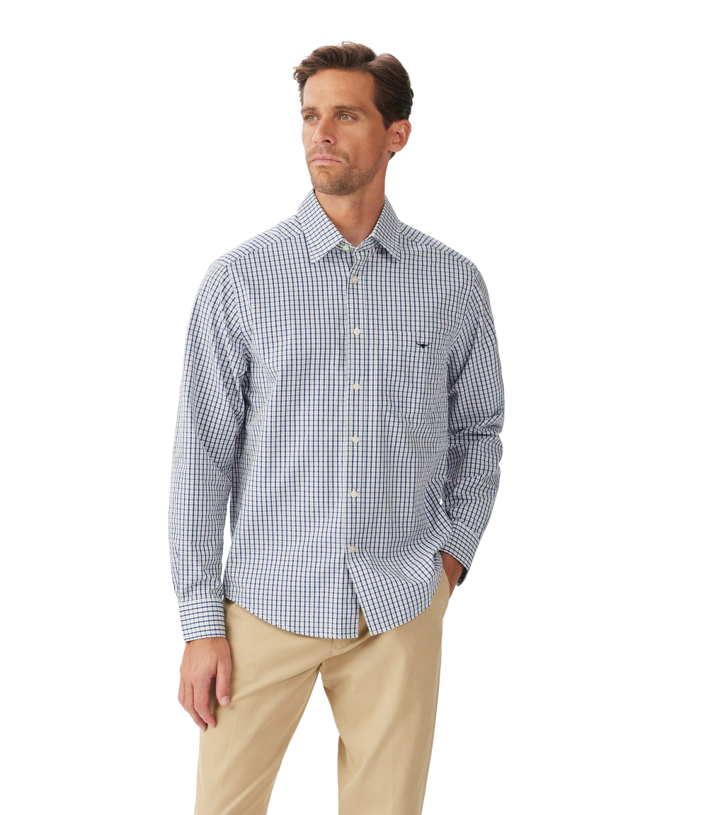R.M.Williams Mens Augusta Classic Poplin L/S Shirt (SHU01PS01) White Blue
