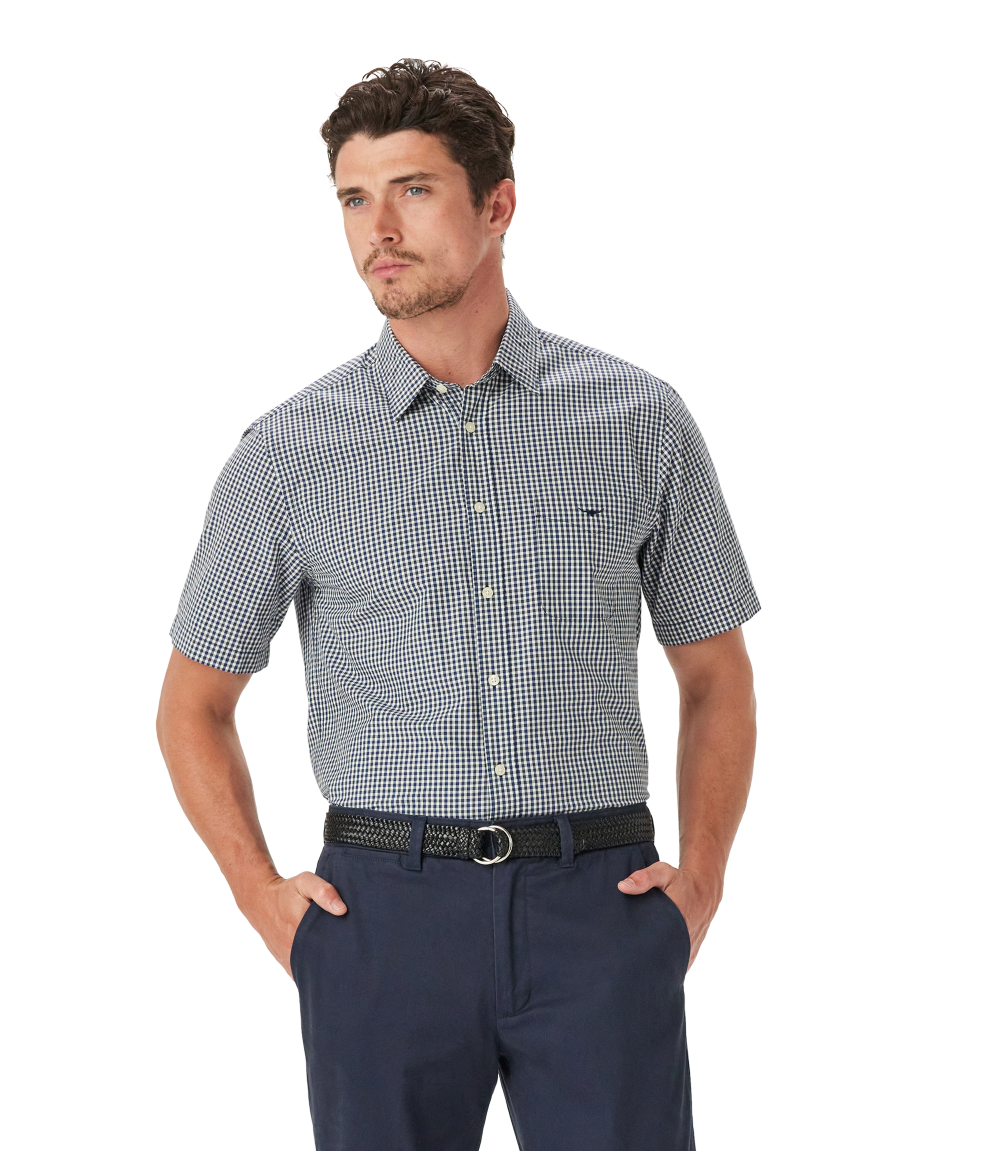 R.M.Williams Mens Classic Poplin Check S/S Shirt (SH211PS04) Navy Char