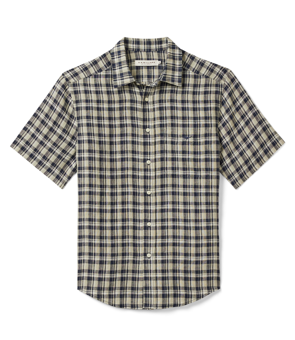 R.M.Williams Mens Toby Linen S/S Shirt (SHU11LL01) Navy/Sage/White