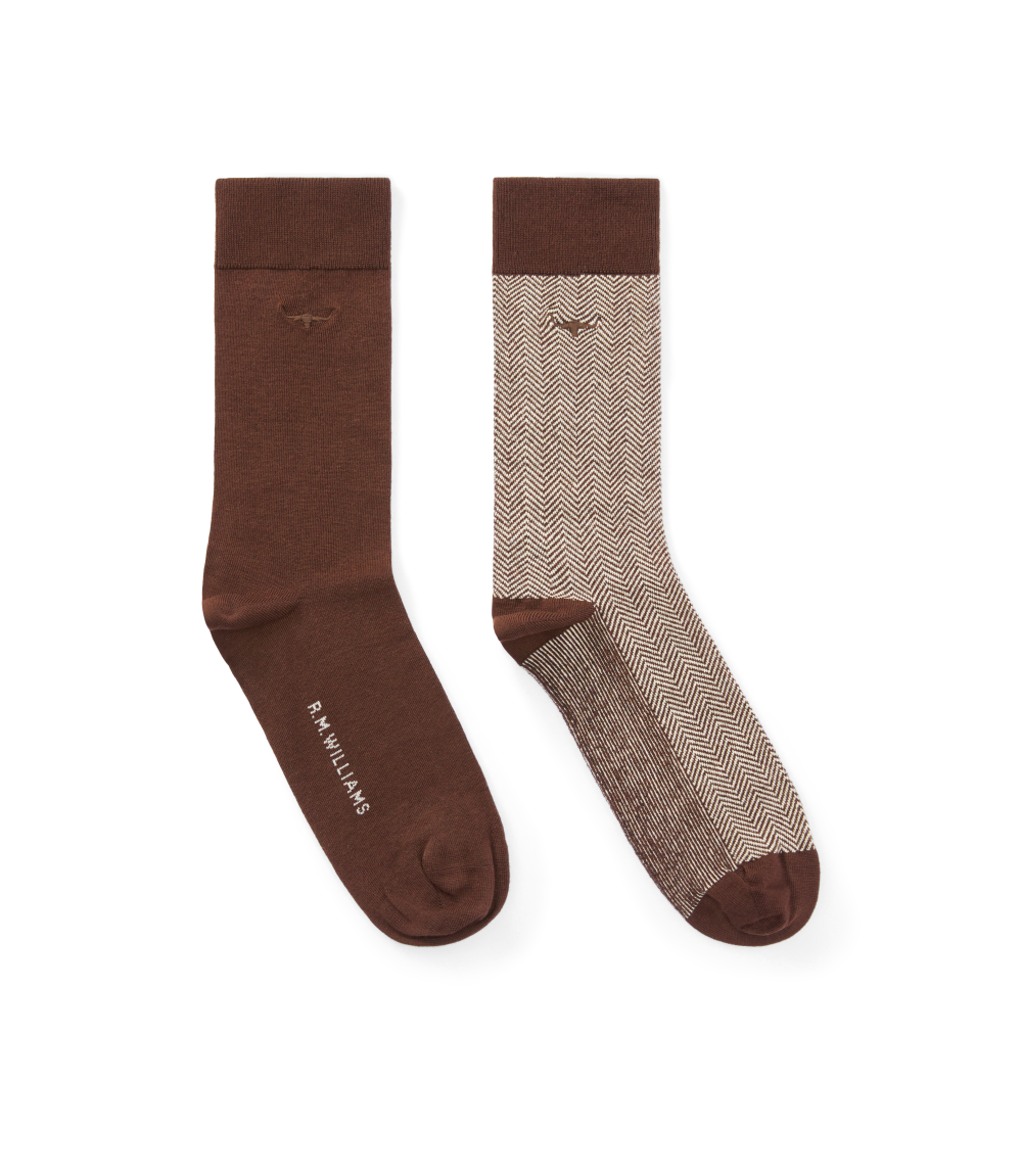 R.M.Williams Nelson Herringbone Sock 2 Pack (AKX9OCB01) Hot Fudge