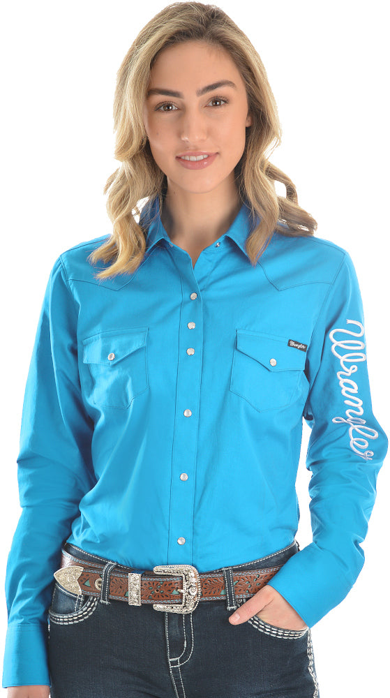 Wrangler Womens Logo L/S Drill Shirt (XCP2127020) Aqua