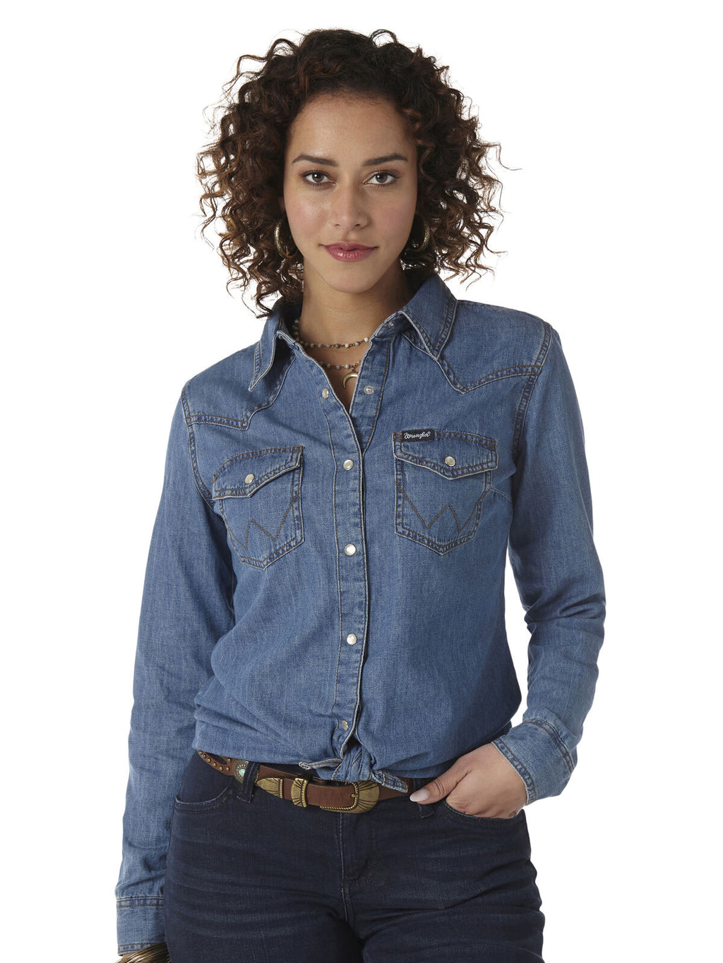Wrangler Womens Classic Fit L/S Denim Shirt (LW7006D) Mid Denim