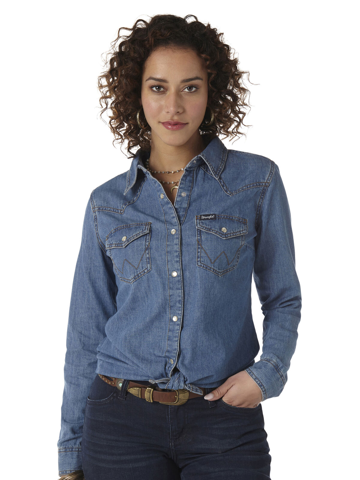 Wrangler Womens Classic Fit L/S Denim Shirt (LW7006D) Mid Denim