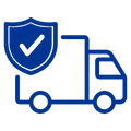 A blue outline of a delivery truck with a shield and checkmark symbolizes Allingtons Parcel Protection, ensuring secure deliveries and helping prevent lost parcels or delivery issues.