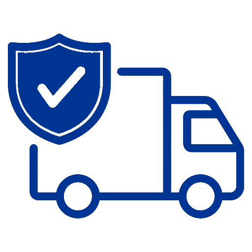 A blue outline of a delivery truck with a shield and checkmark symbolizes Allingtons Parcel Protection, ensuring secure deliveries and helping prevent lost parcels or delivery issues.
