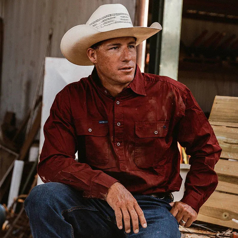 Ringers Western Mens King River Half Button Work Shirt (171110002) Burgundy