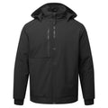 The Portwest Mens WX2 Eco Insulated Softshell Jacket (CD874) in black features a hood, front zipper, zippered chest pocket, and long sleeves. Displayed on a plain white background. Brand: Portwest.
