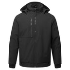 The Portwest Mens WX2 Eco Insulated Softshell Jacket (CD874) in black features a hood, front zipper, zippered chest pocket, and long sleeves. Displayed on a plain white background. Brand: Portwest.