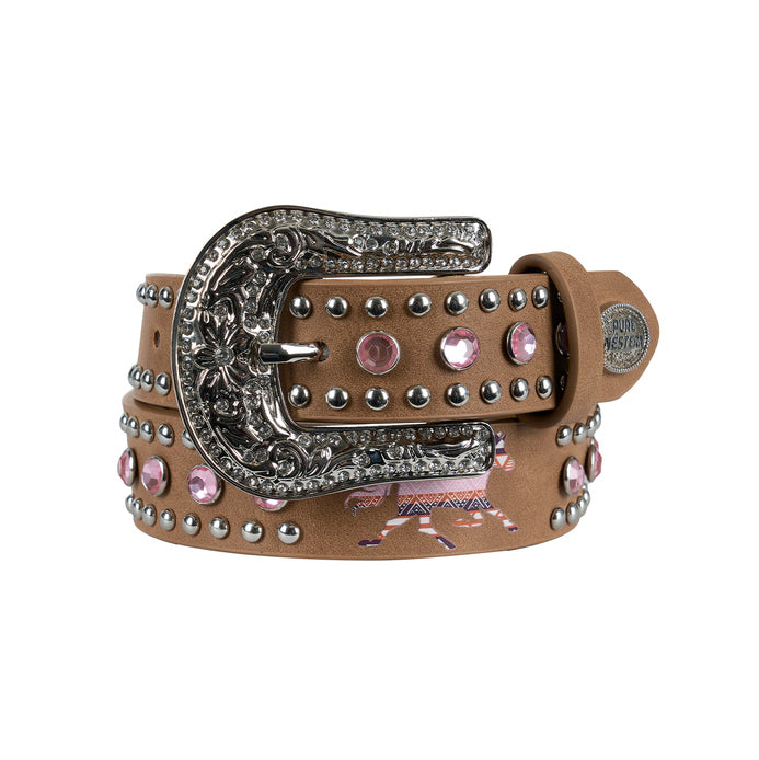The Pure Western Childrens Dimity Belt (P6W5931BLT) in Light Tan features silver studs, pink rhinestones, diamanté details, and a large ornate floral-engraved silver buckle, coiled neatly against a white background.