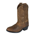 The Pure Western Childrens Jolene Western Boots (P6W78129C) Tan by Pure Western features decorative stitching, a pointed western R toe, leather upper, and rubber outsole, shown against a white background.