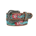 The Pure Western Childrens Taliah Belt (P6W5932BLT) Multi features a leather strap with edge stitching, a large ornate silver removable buckle, and painted pink, teal, and brown flowers. Brand: Pure Western.