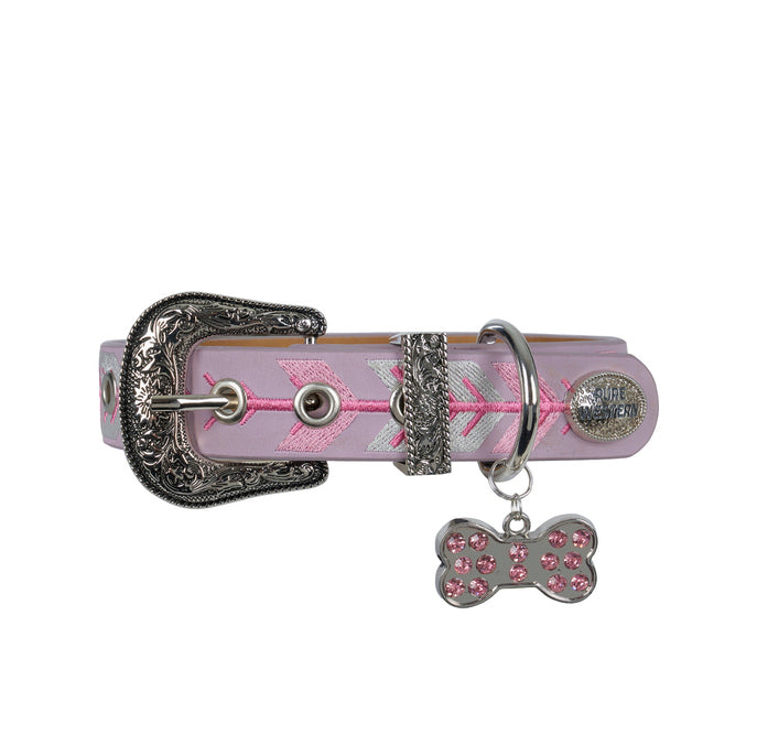 The Pure Western Dogs Kaira Collar (P6W2965CLR) in lilac features zigzag stitching, an embroidered strap, antique silver hardware, a western-style buckle, and a Diamanté Dog Bone Tag with pink rhinestones.