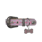 The Pure Western Dogs Kaira Collar (P6W2965CLR) in lilac features zigzag stitching, an embroidered strap, antique silver hardware, a western-style buckle, and a Diamanté Dog Bone Tag with pink rhinestones.