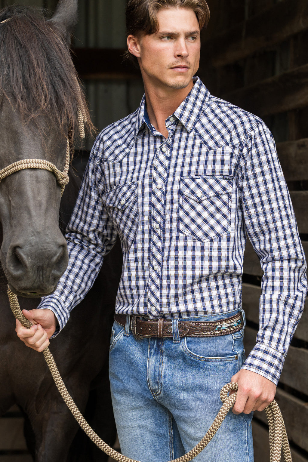 Pure Western Mens George L/S Shirt (P6S1100304) Navy/Tan