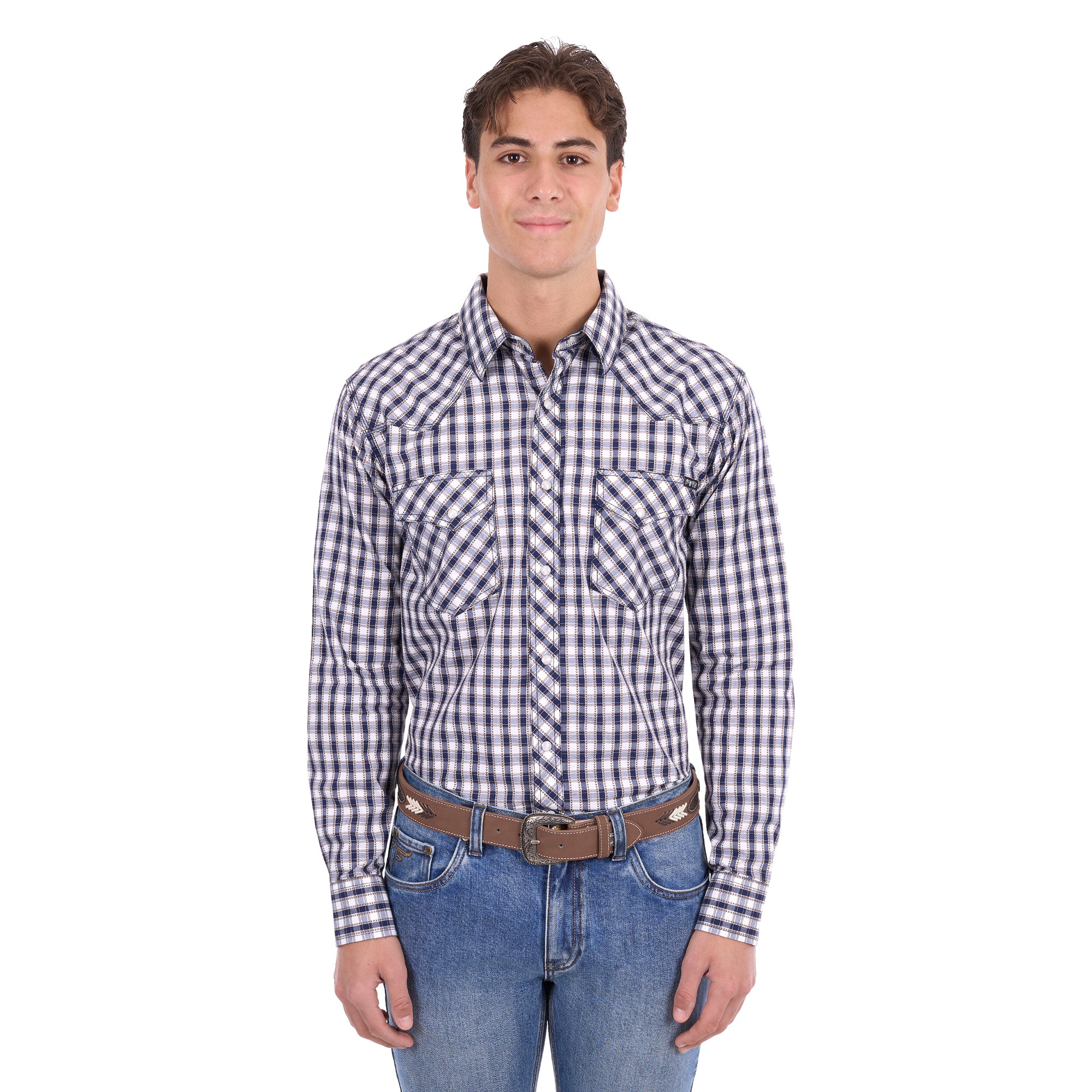 Pure Western Mens George L/S Shirt (P6S1100304) Navy/Tan