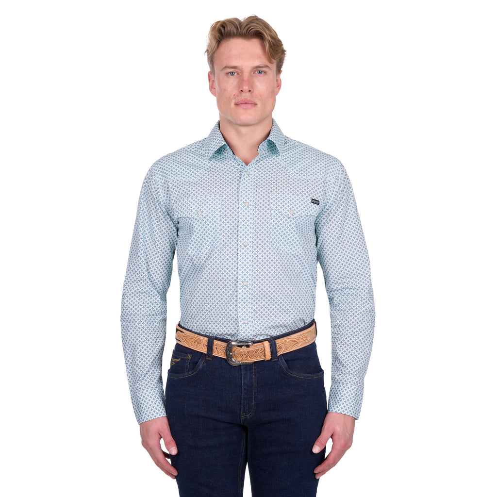 Pure Western Mens Gerald L/S Shirt (P6W1100165) Green/Navy