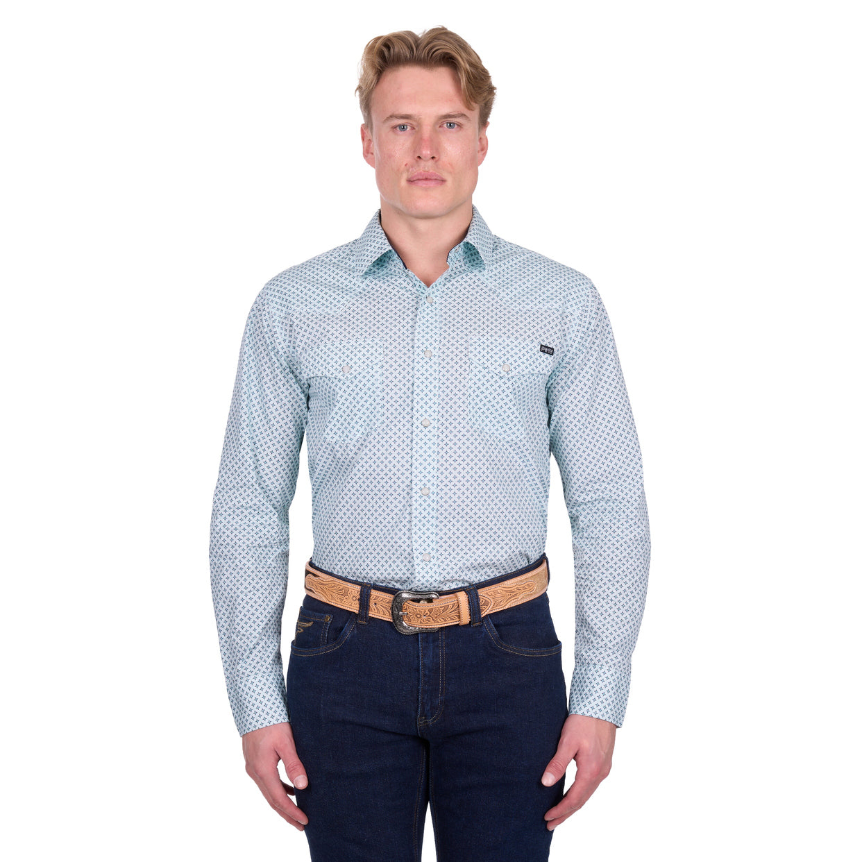 Pure Western Mens Gerald L/S Shirt (P6W1100165) Green/Navy
