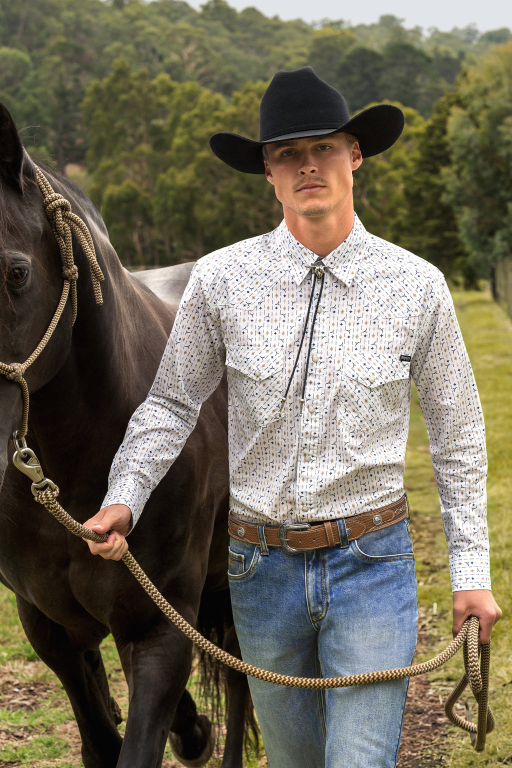 Pure Western Mens Keith L/S Shirt (P6S1100303) Navy/Tan