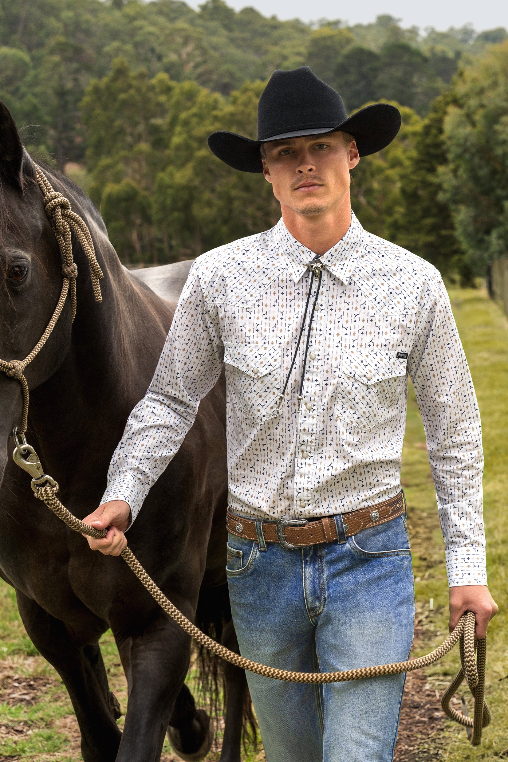 Pure Western Mens Keith L/S Shirt (P6S1100303) Navy/Tan