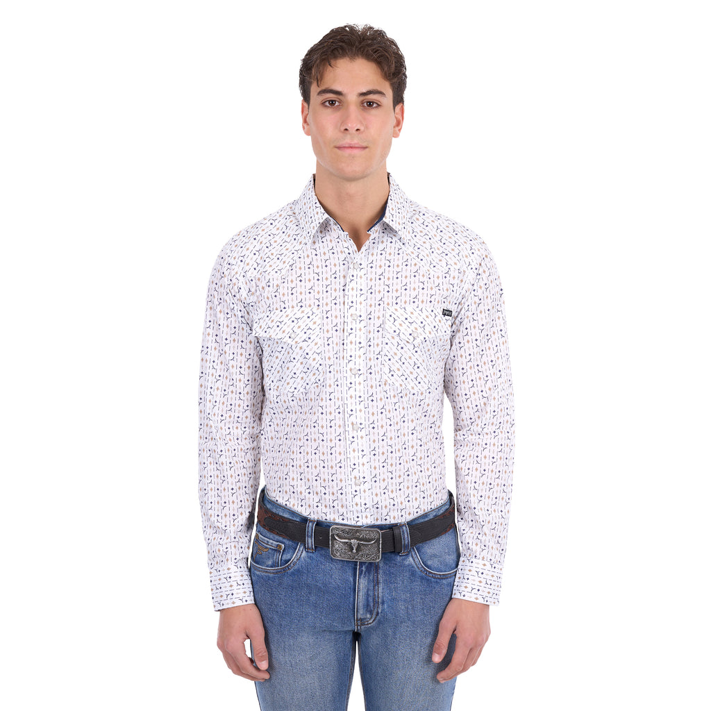 Pure Western Mens Keith L/S Shirt (P6S1100303) Navy/Tan