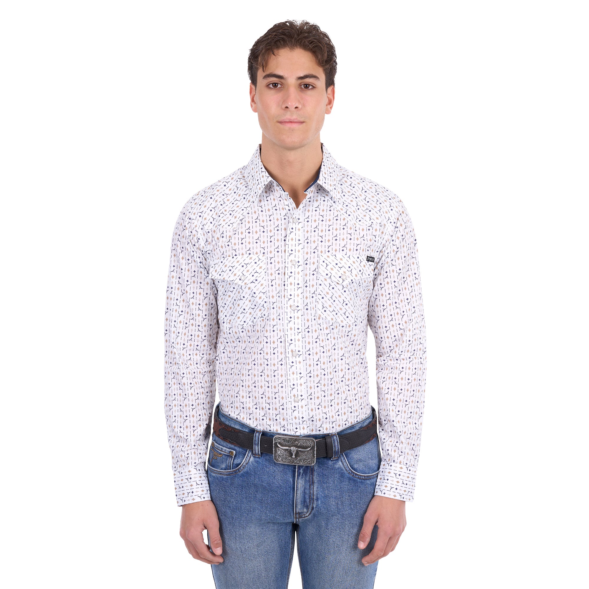 Pure Western Mens Keith L/S Shirt (P6S1100303) Navy/Tan