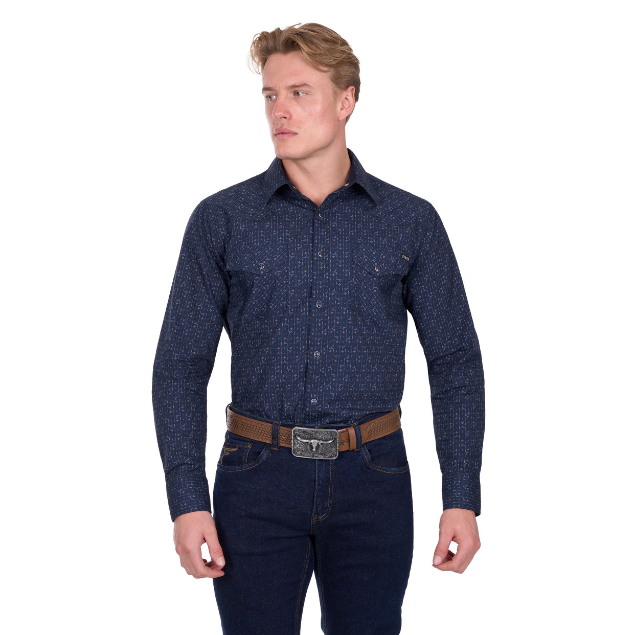 Pure Western Mens Marc L/S Shirt (P6W1100161) Navy/Multi