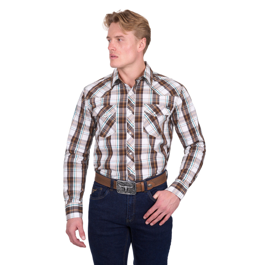 A man wearing the Pure Western Mens Roger L/S Shirt (P6W1100162) in Dark Tan/White stands facing slightly to the side against a white background, paired with blue jeans and a brown belt with a silver buckle.