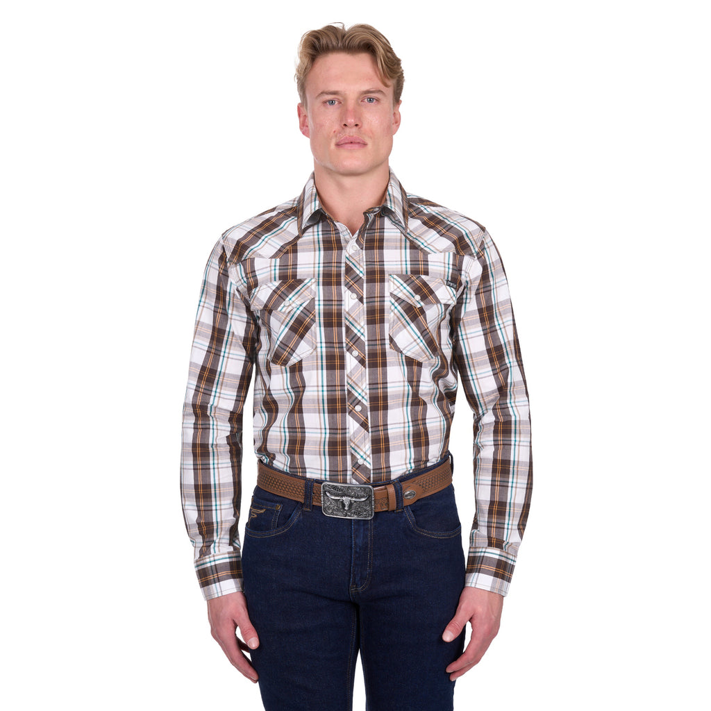 Pure Western Mens Roger L/S Shirt (P6W1100162) Dark Tan/White