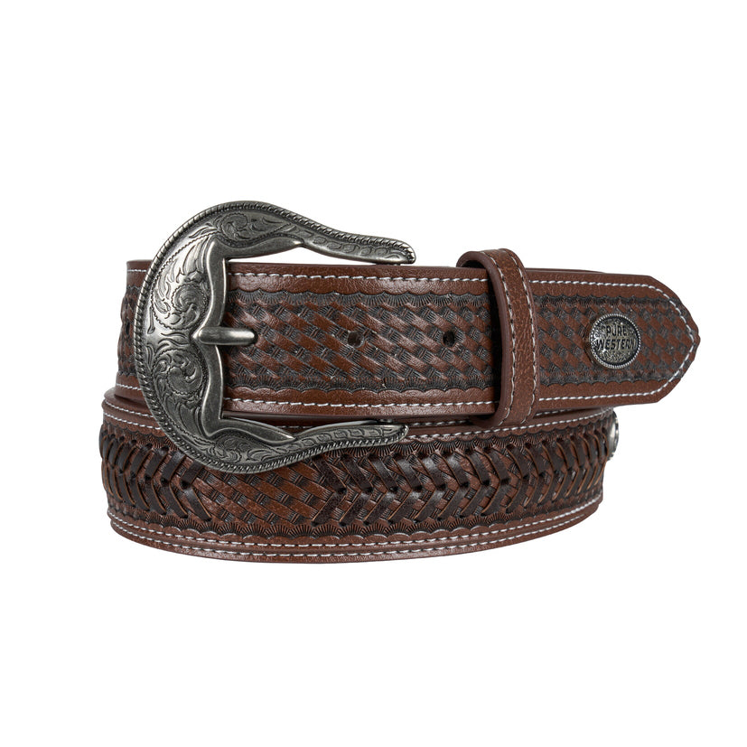 PU / Leather
Handlace detail, tooled tab ends, longhorn conchos,
removable buckle, Pure Western concho, antique
silver hardware