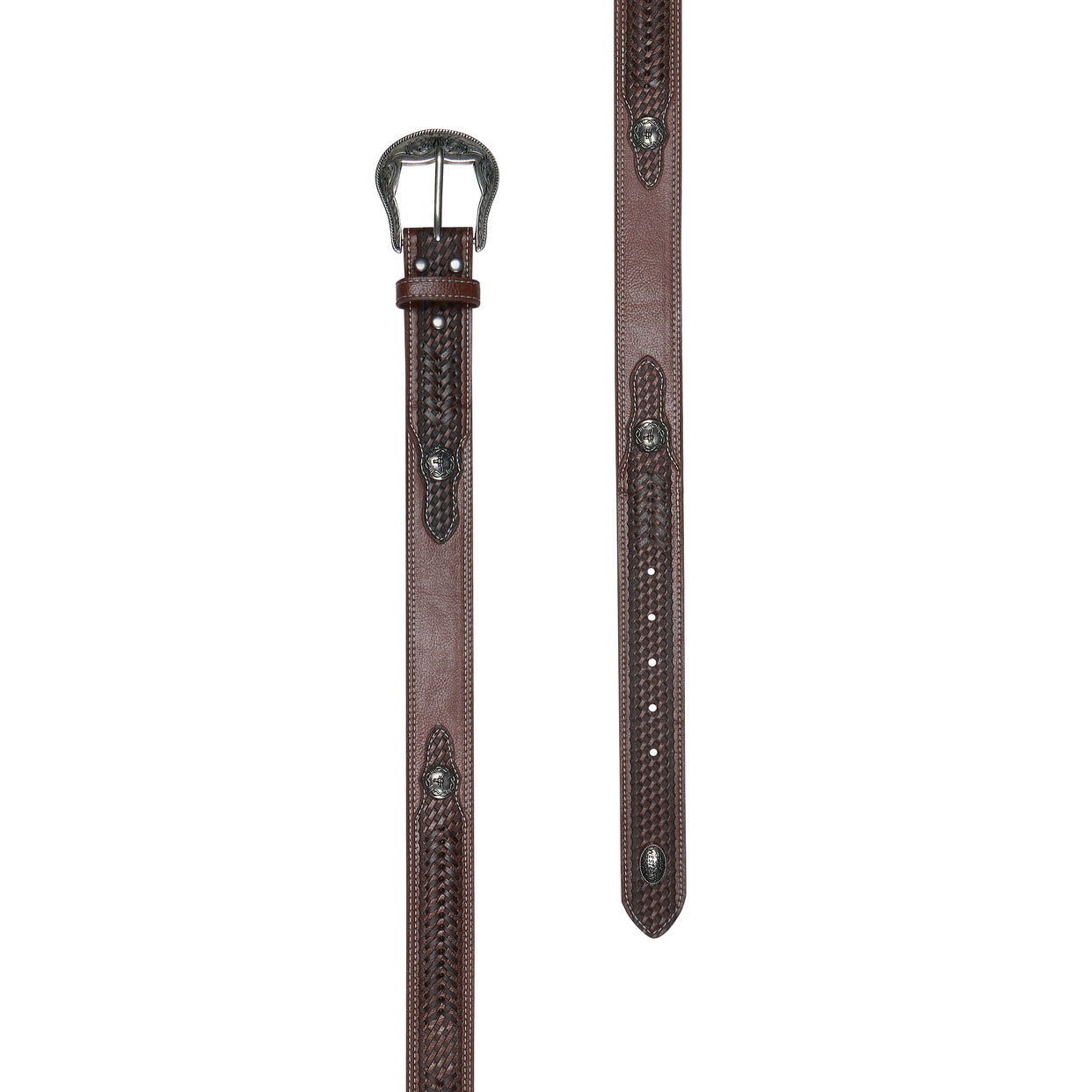 PU / Leather
Handlace detail, tooled tab ends, longhorn conchos,
removable buckle, Pure Western concho, antique
silver hardware