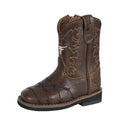 The Pure Western Toddlers Denver Western Boots (PCP78131T) in dark brown feature a leather upper, decorative stitching, pull strap with "RIDE ‘EM COWBOY," square toe, and black rubber sole for a classic Western style.