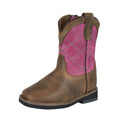 The Pure Western Toddlers Hattie Western Boots (P6W78125T) feature a brown leather lower, pink upper with diamond stitching, pull straps, side zip, and black sole with visible stitching around the square toe.