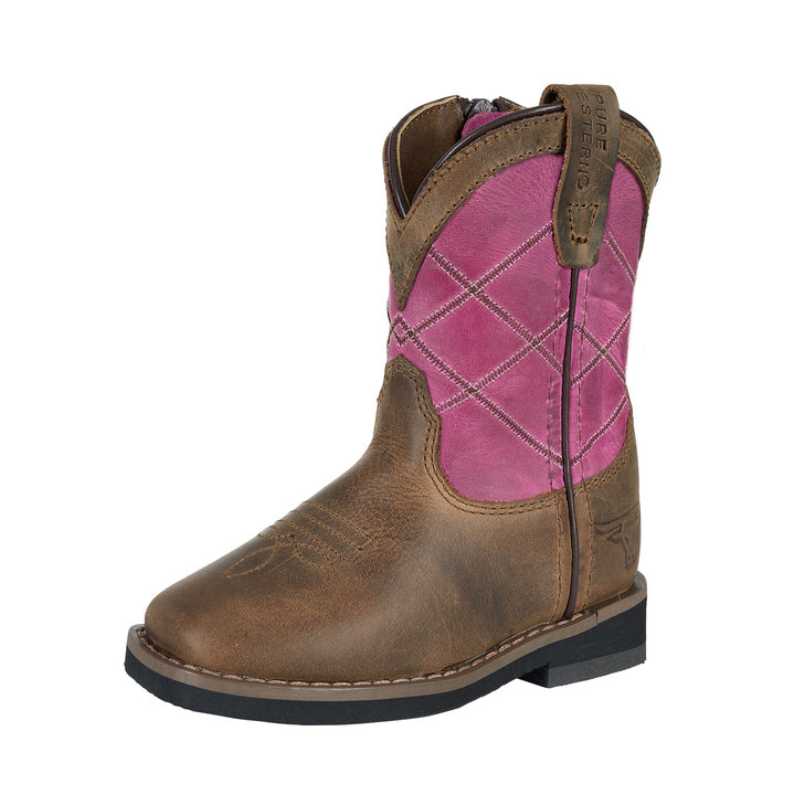 The Pure Western Toddlers Hattie Western Boots (P6W78125T) feature a brown leather lower, pink upper with diamond stitching, pull straps, side zip, and black sole with visible stitching around the square toe.