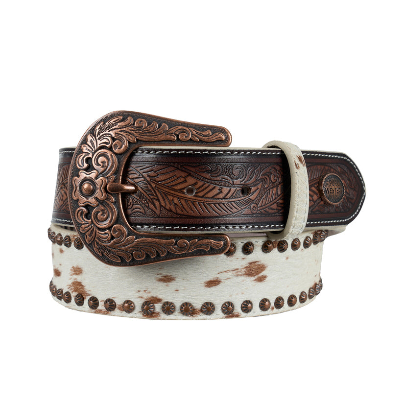 The Pure Western Womens Ayesha Belt (P6W2938BLT) in Tan/Natural features a white cowhide strap with brown spots, tooled leather tab ends, an ornate floral metal buckle, and decorative western concho studs by Pure Western.