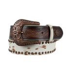 The Pure Western Womens Ayesha Belt (P6W2938BLT) in Tan/Natural features a white cowhide strap with brown spots, tooled leather tab ends, an ornate floral metal buckle, and decorative western concho studs by Pure Western.