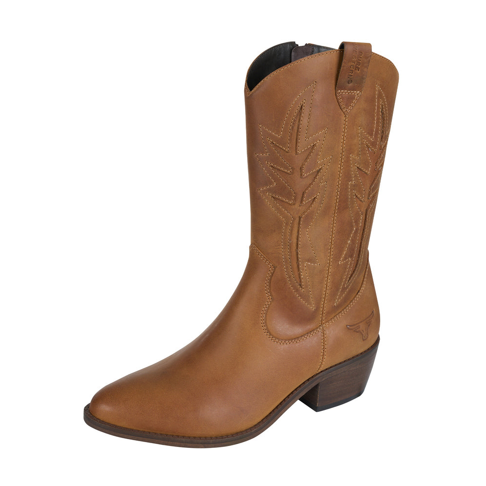 The Pure Western Womens Conroe Western Boots (P6W28478) Tan features light brown leather, decorative stitching, a removable comfort innersole, a slightly pointed toe, and a low stacked heel. Displayed against a white background. Brand: Pure Western.
