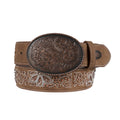 The Pure Western Womens Freya Belt (P6W2935BLT) Bronze features a brown leather design with floral and paisley patterns, large engraved oval buckle in antique copper, stitch detailing, and decorative bead accents.