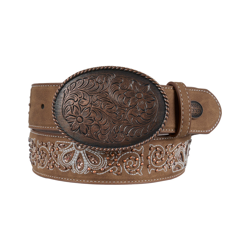The Pure Western Womens Freya Belt (P6W2935BLT) Bronze features a brown leather design with floral and paisley patterns, large engraved oval buckle in antique copper, stitch detailing, and decorative bead accents.