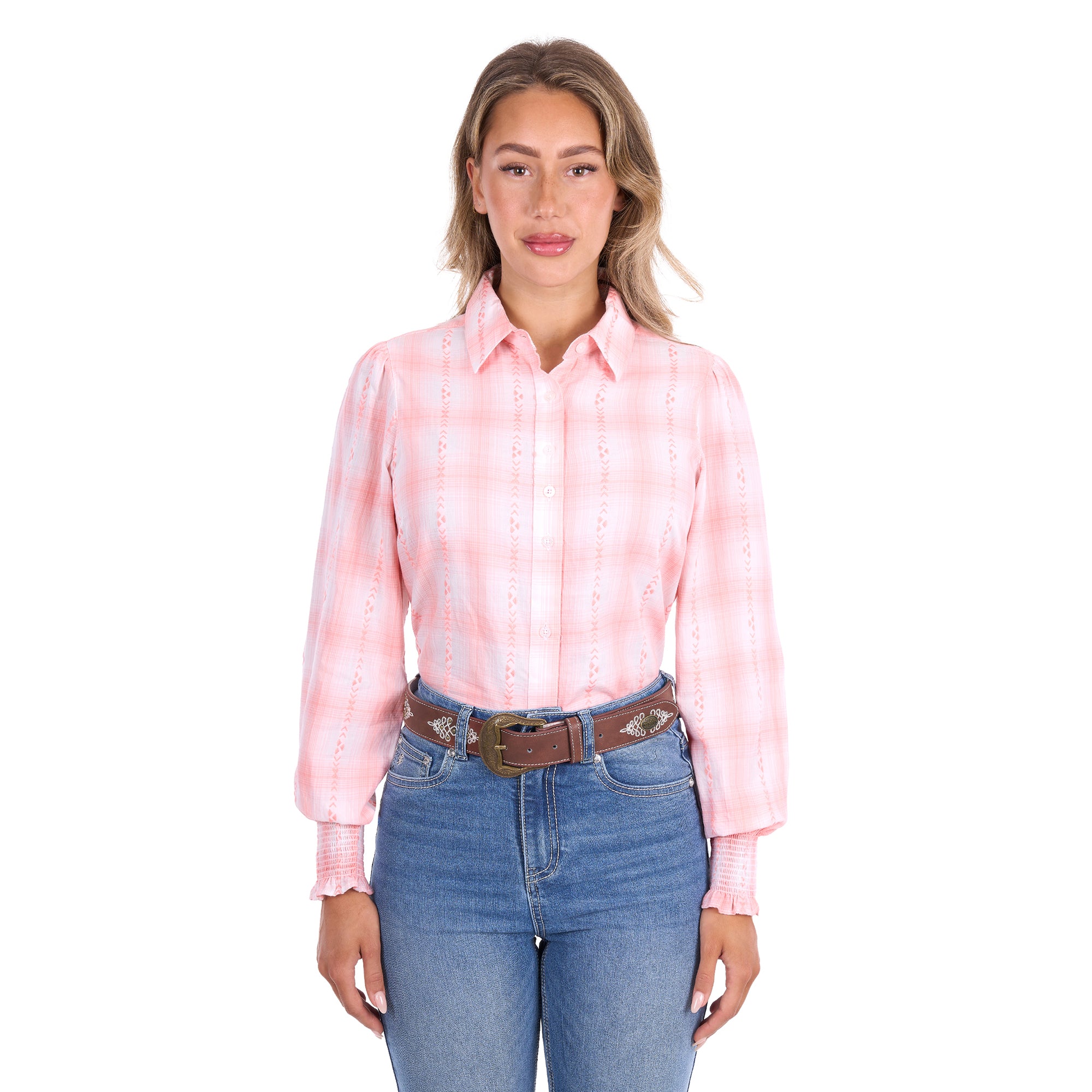 Pure Western Womens Kelli L/S Shirt (P6S2140251) Peach/White