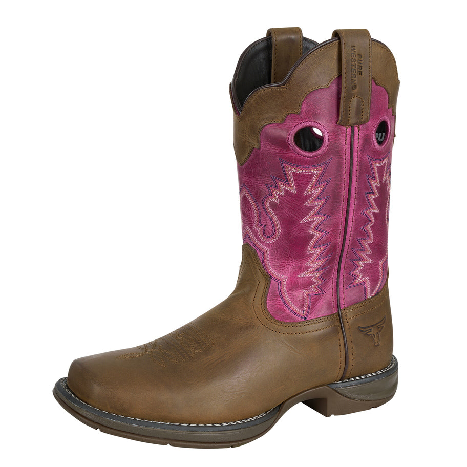 The Pure Western Womens Lane Western Boots (P6W28520) feature a walnut brown leather foot, bright pink stitched shaft, pull holes, side tabs, and a cushioned memory foam innersole for all-day comfort. Brand: Pure Western.