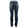 A person wearing Pure Western Womens Lola Bootcut Jeans - 34 Leg (PCP2208501) Midnight, with decorative stitching and patterned back pockets, shown from the waist down and viewed from the back.